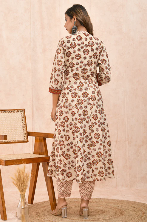 Bagru Printed Organic Cotton Anarkali Kurta with Pockets