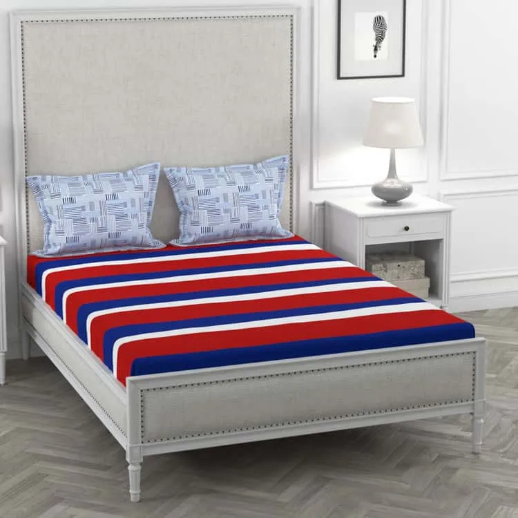 PORTICO Vienna Red Striped 3-Piece King Bedsheet Set - 2.24 x 2.74m- Cotton