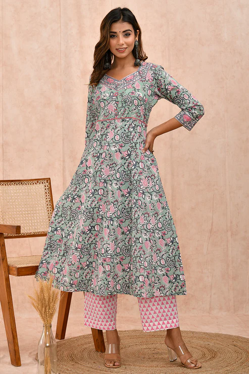 Green Pink Organic Cotton Anarkali Kurta with Pockets