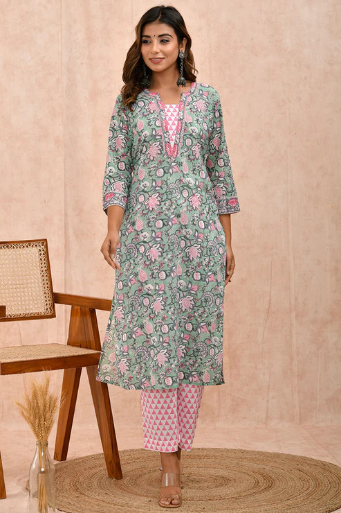 Green Pink Organic Cotton Straight Kurta