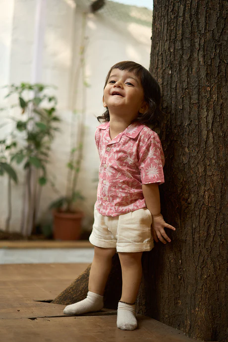 ‘Boogie’ kids half sleeve shirt in pink floral hand block print cotton