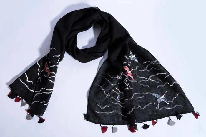 Black Linen Scarf With Embroidered Cranes &amp; Hand-Made Tassels