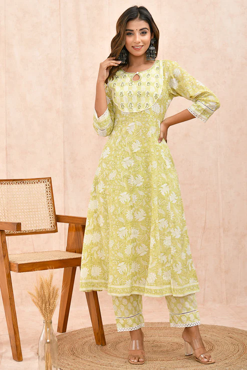 Lime Green Organic Cotton Anarkali Kurta with Pockets