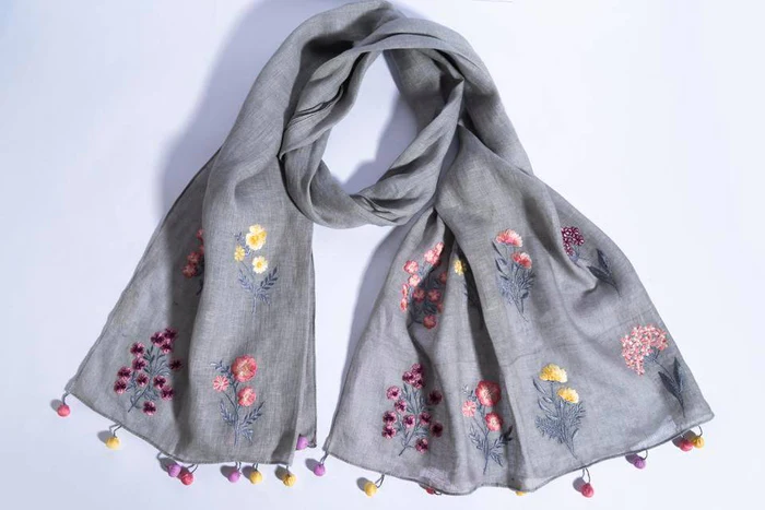 Grey Linen Scarf With Embroidered Flower Bunches &amp; Fancy Tassels