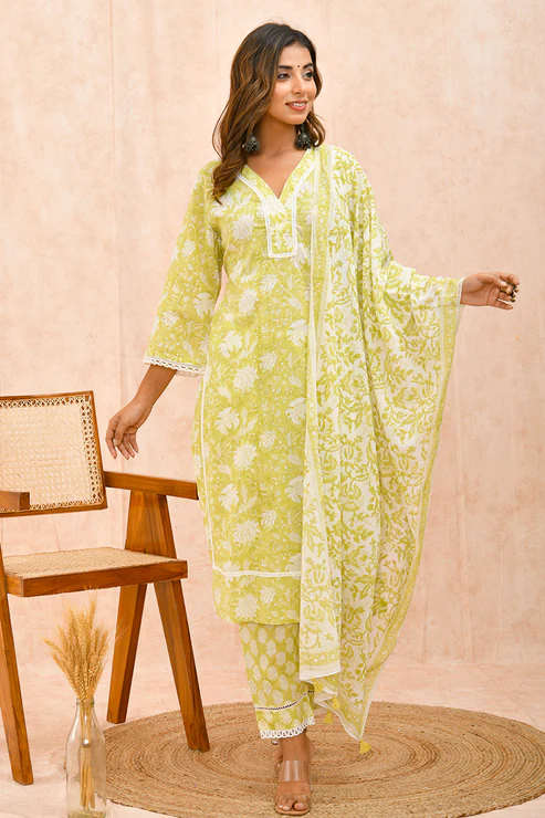 Lime Green Organic Cotton Straight Kurta