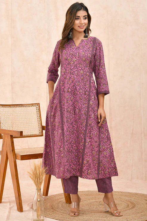 Flamingo Pink Dabu Printed Organic Cotton A-line Kurta with Pockets