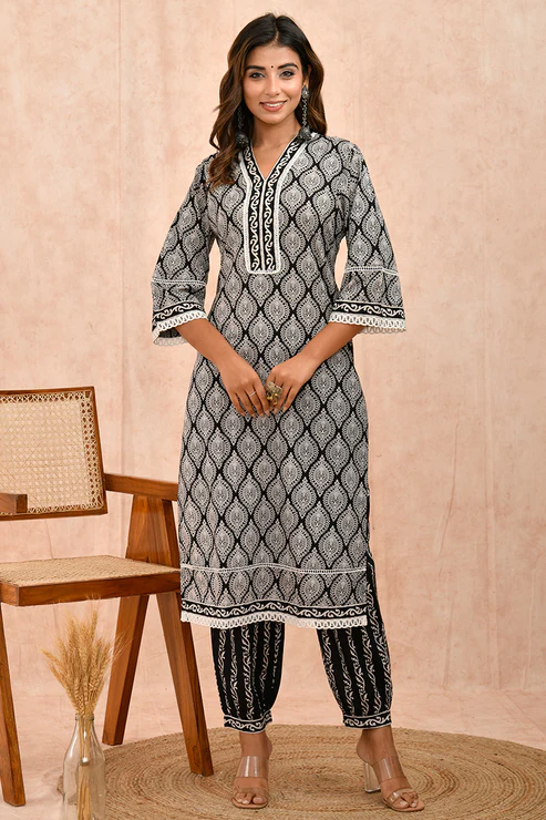 Black White Organic Cotton Straight Kurta