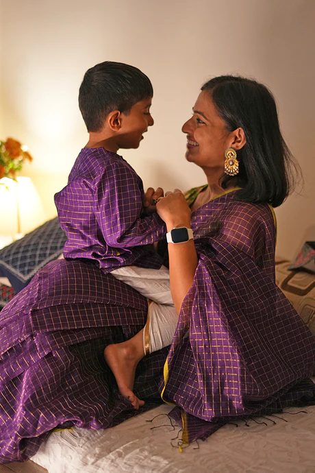 Lata boys ethnic wear kurta in purple handwoven cotton silk checks 2 reviews