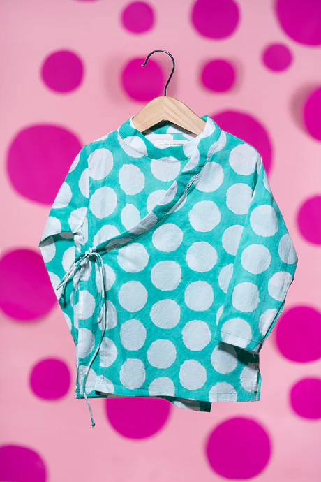 Like a warm hug' unisex teal cotton angrakha kurta in hand block-printed polka