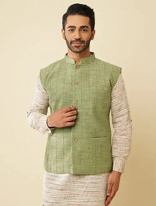 Green Khadi Cotton Nehru Jacket