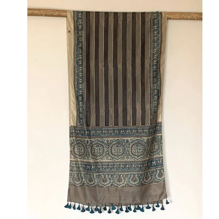 Boho Style Mulberry Silk Natural Indigo and Madder Ajrakh Printed Stole