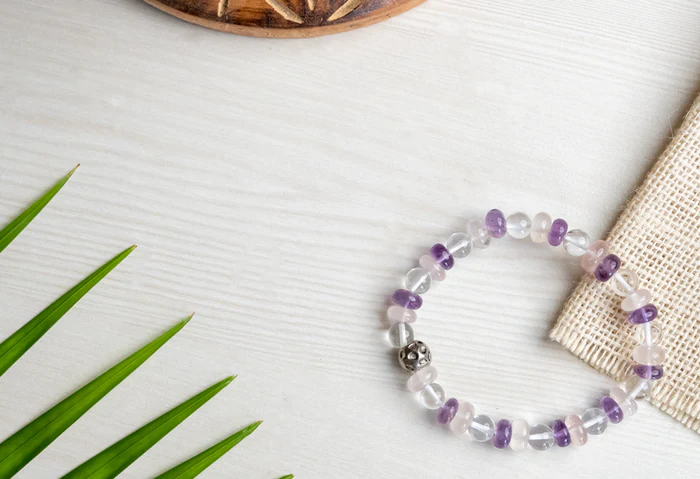 Amethyst, rose quartz &amp; clear quartz bracelet for strength, love and fulfilling relationship