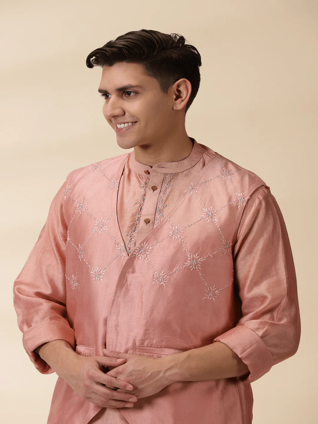 Peach Chanderi Men's Nehru Jacket