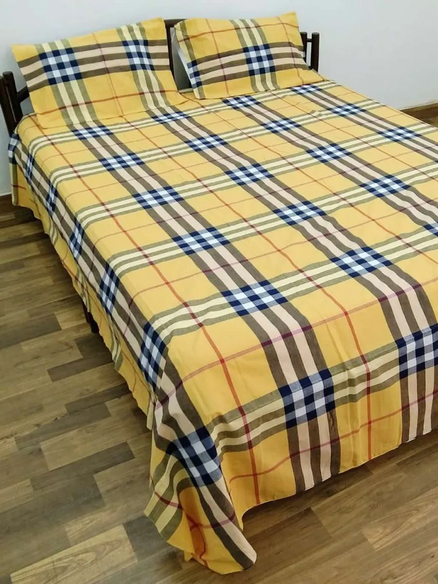 Handwoven cotton double bedsheet with pillow cover-Yellow, Red and Black checks