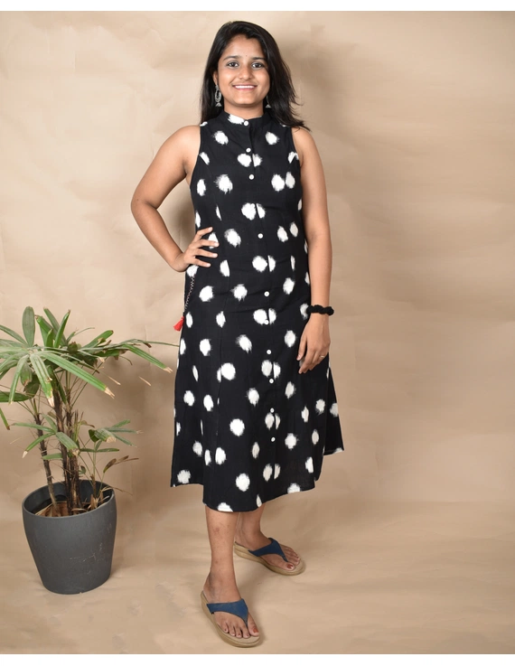 A LINE BLACK DOUBLE IKAT DRESS WITH EMBROIDERED POCKETS