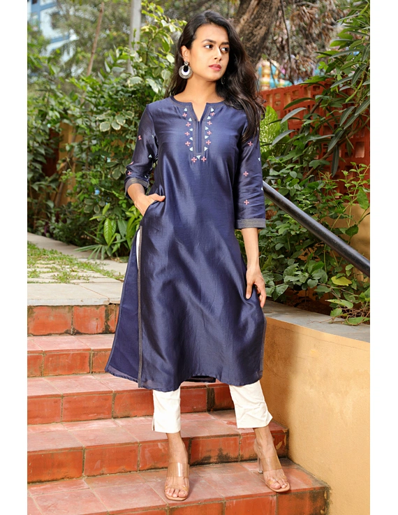 Blue chanderi silk kurta with hand embroidery