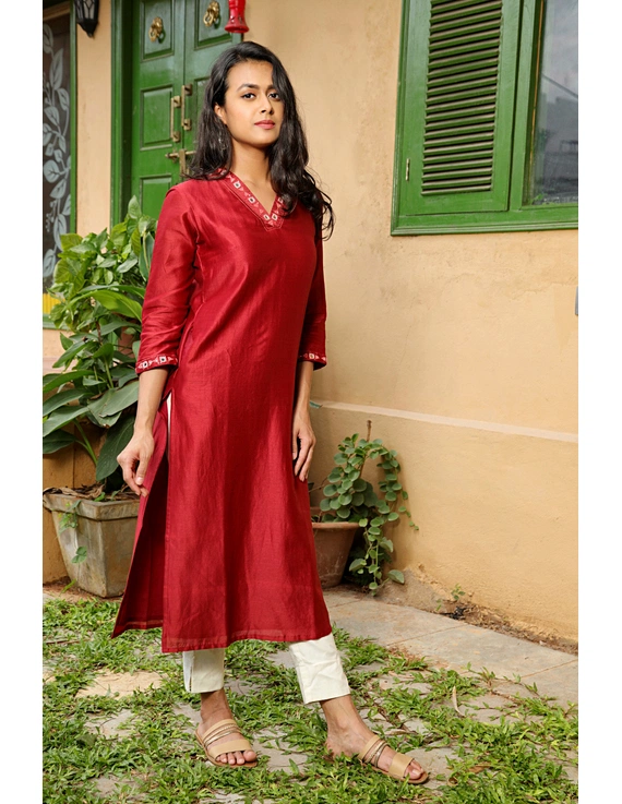 Red chanderi silk kurta with hand embroidery