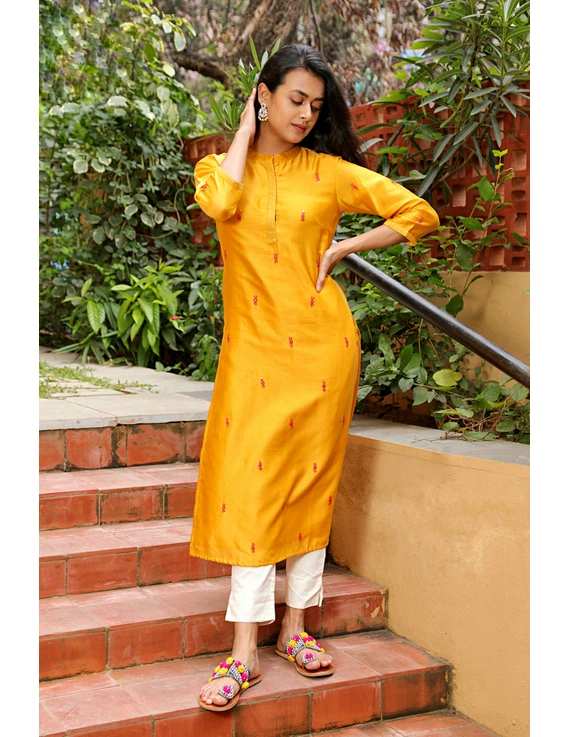 Yellow chanderi silk kurta with hand embroidery