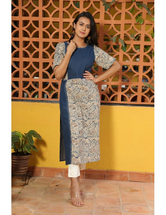 Plain and Print - Blue kalamkari kurta