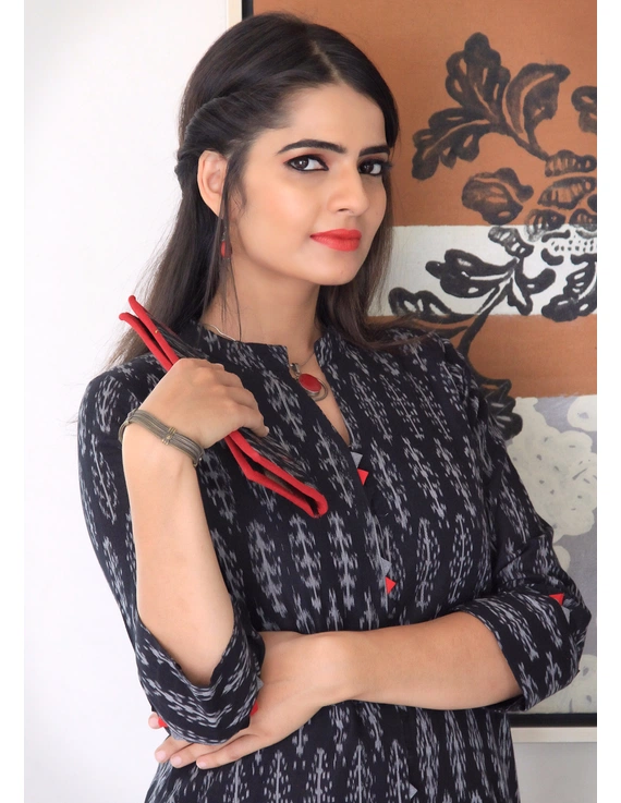 Black semi silk ikat straight kurta