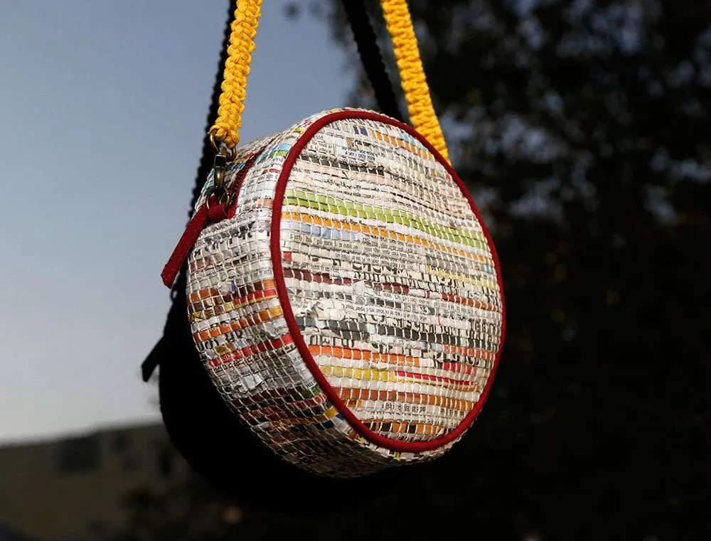Handwoven Newspaper Circular Sling Bags – Maroon Lining