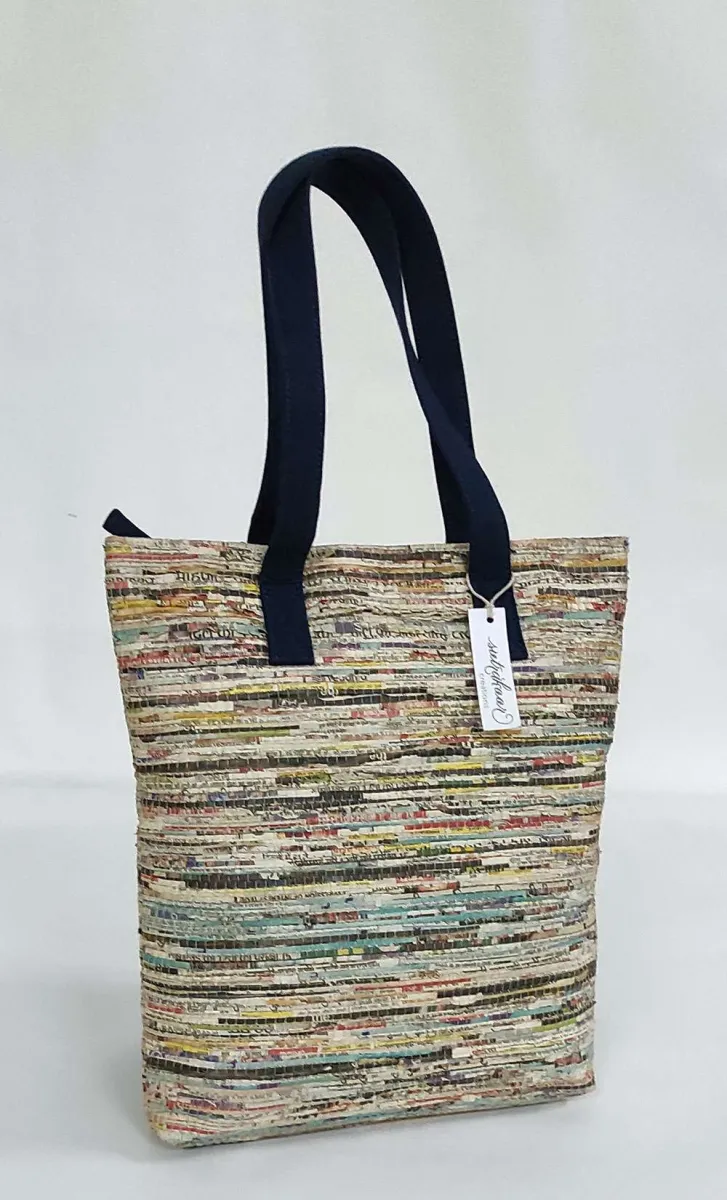 Handwoven Newspaper Tote Bag – Navy Handle