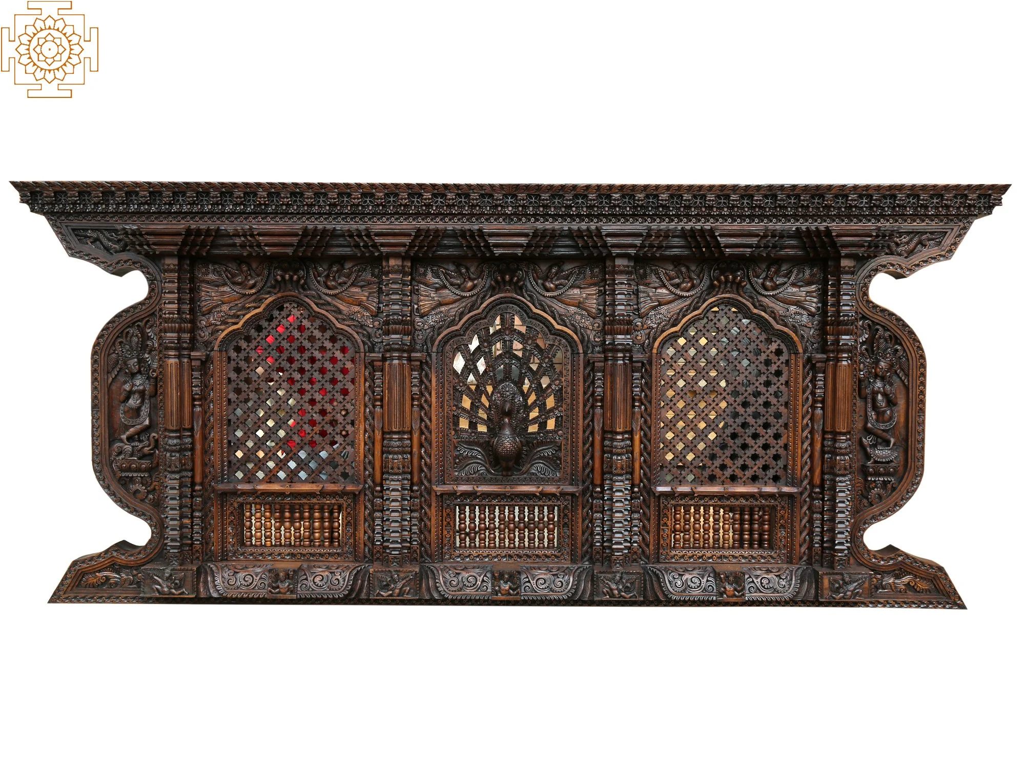 42'' Large Peacock and Nepalease God Window | Wooden | Nepalese Handicrafts