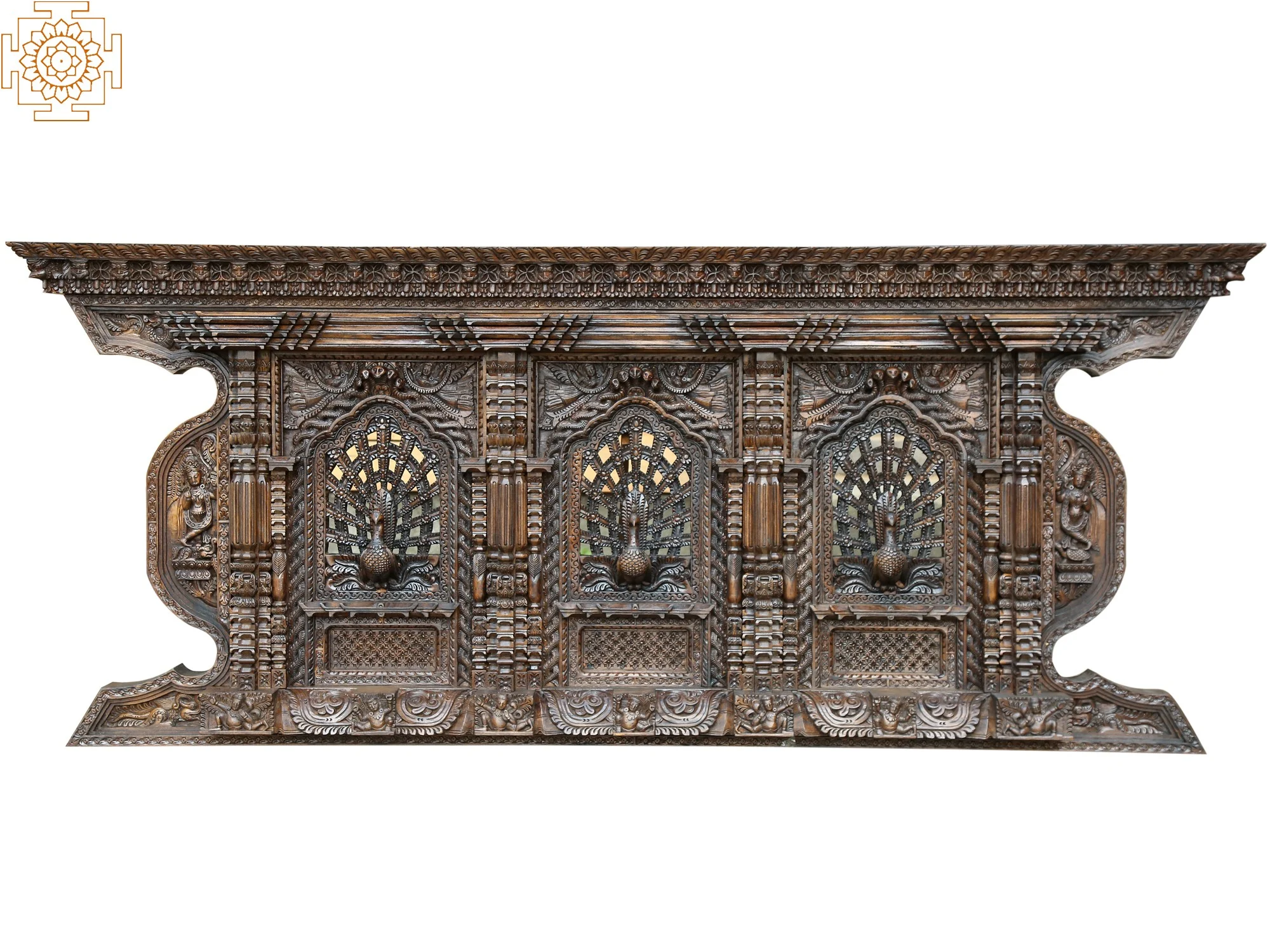 28'' Three Peacock and Nepalease God Window | Wooden | Nepalese Handicrafts