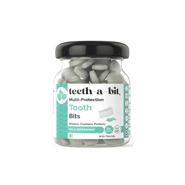 teeth-a-bit anti-cavity anti-plaque multi-protection proprietary formula wild peppermint mint tooth bits, eco-friendly, sls free, travel friendly, plant based toothpaste tablets (1 pack, 60 count)