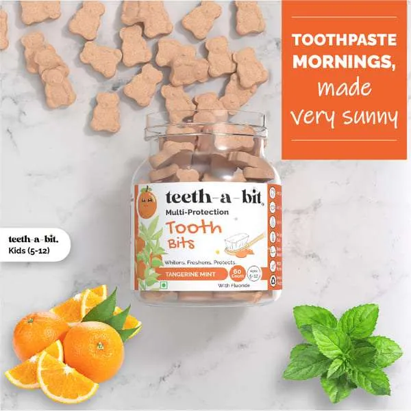 teeth-a-bit kids anti-cavity anti-plaque multi-protection pro enamel tangerine mint tooth bits, eco-friendly, sls free, plant based kids (5-12 years) toothpaste tablets (1 pack, 60 count)