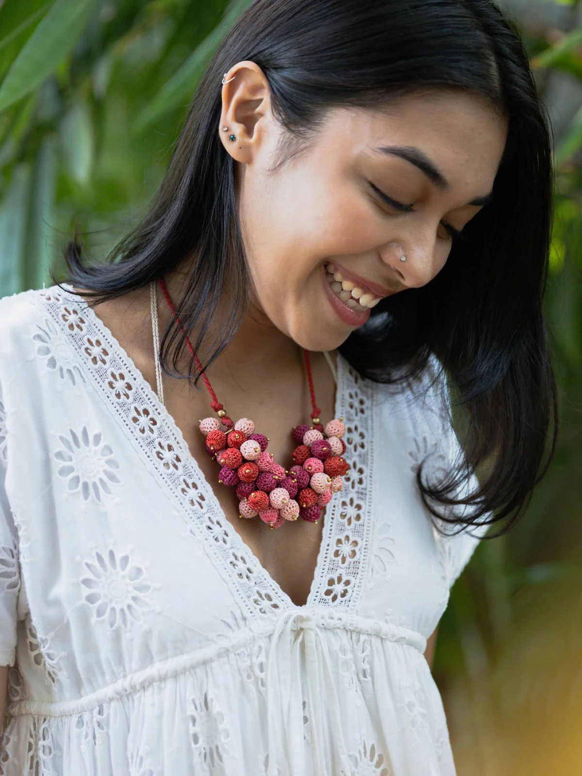 Handmade Crochet Guldasta Necklace Coral