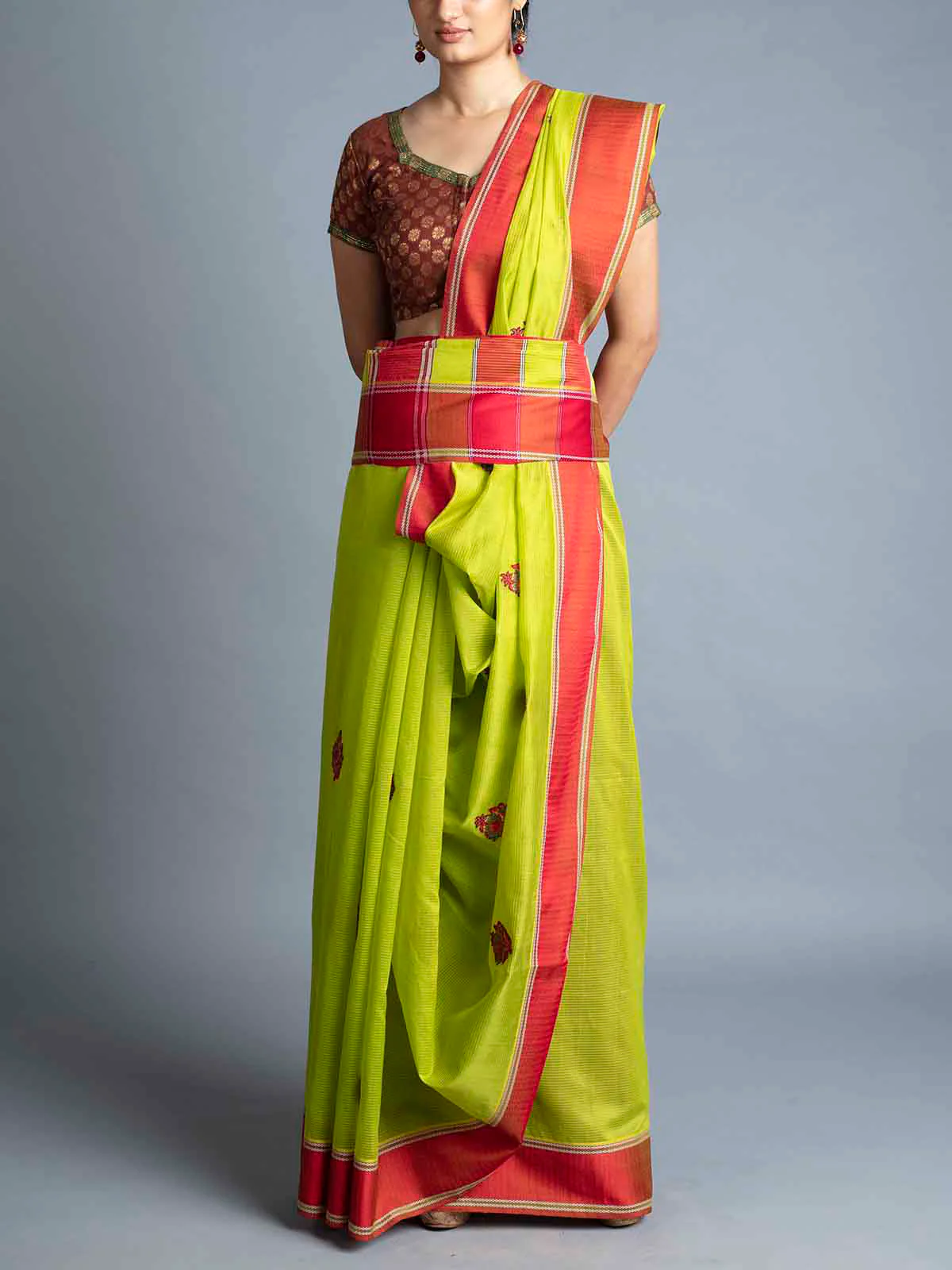 Mor Booti Maheshwari Saree Lime Green and Red With Blouse Piece