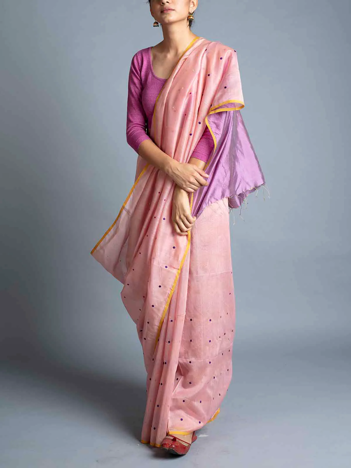 Handwoven Maheshwari With Dot Booti Saree Pink With Blouse Piece