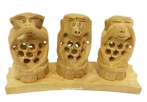 Nirmala Handicrafts Exporters Wooden Carving Monkey Set Statue Décor Showpiece