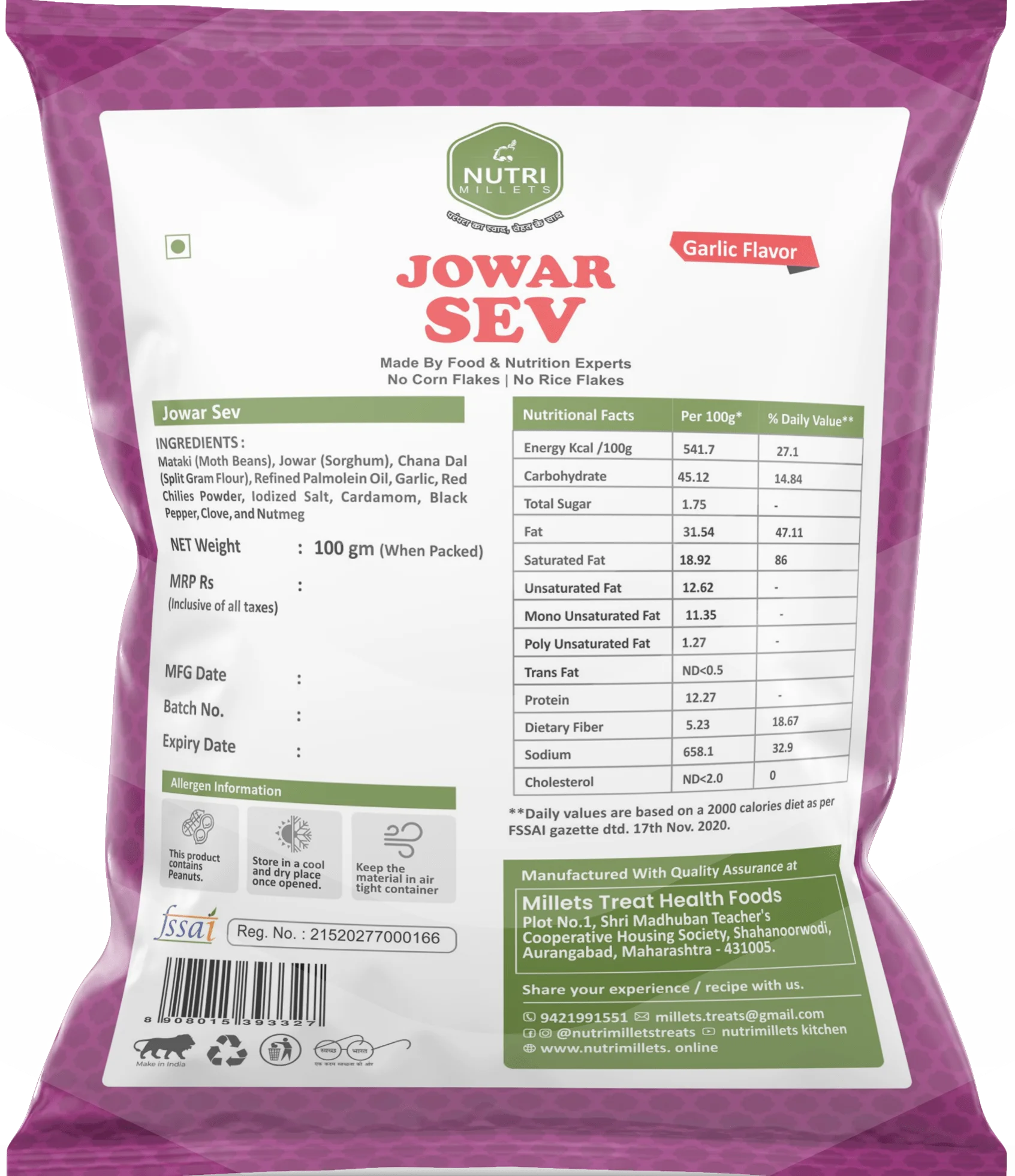Nutrimillets Namkeen – Jowar Sev – Garlic Flavor (100 grams)