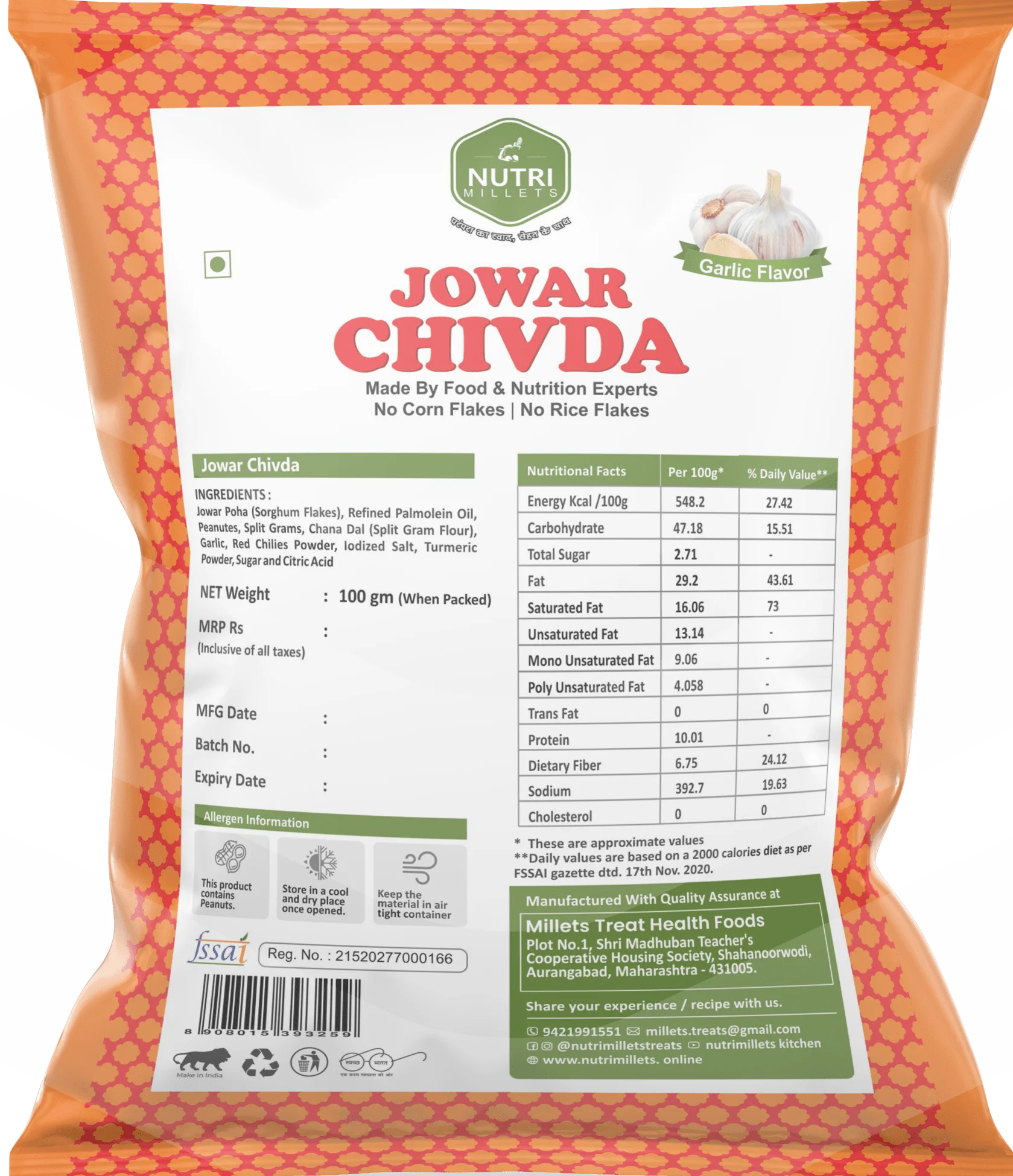 Nutrimillets Namkeen – Jowar Chivda – Garlic Flavor (100 grams)