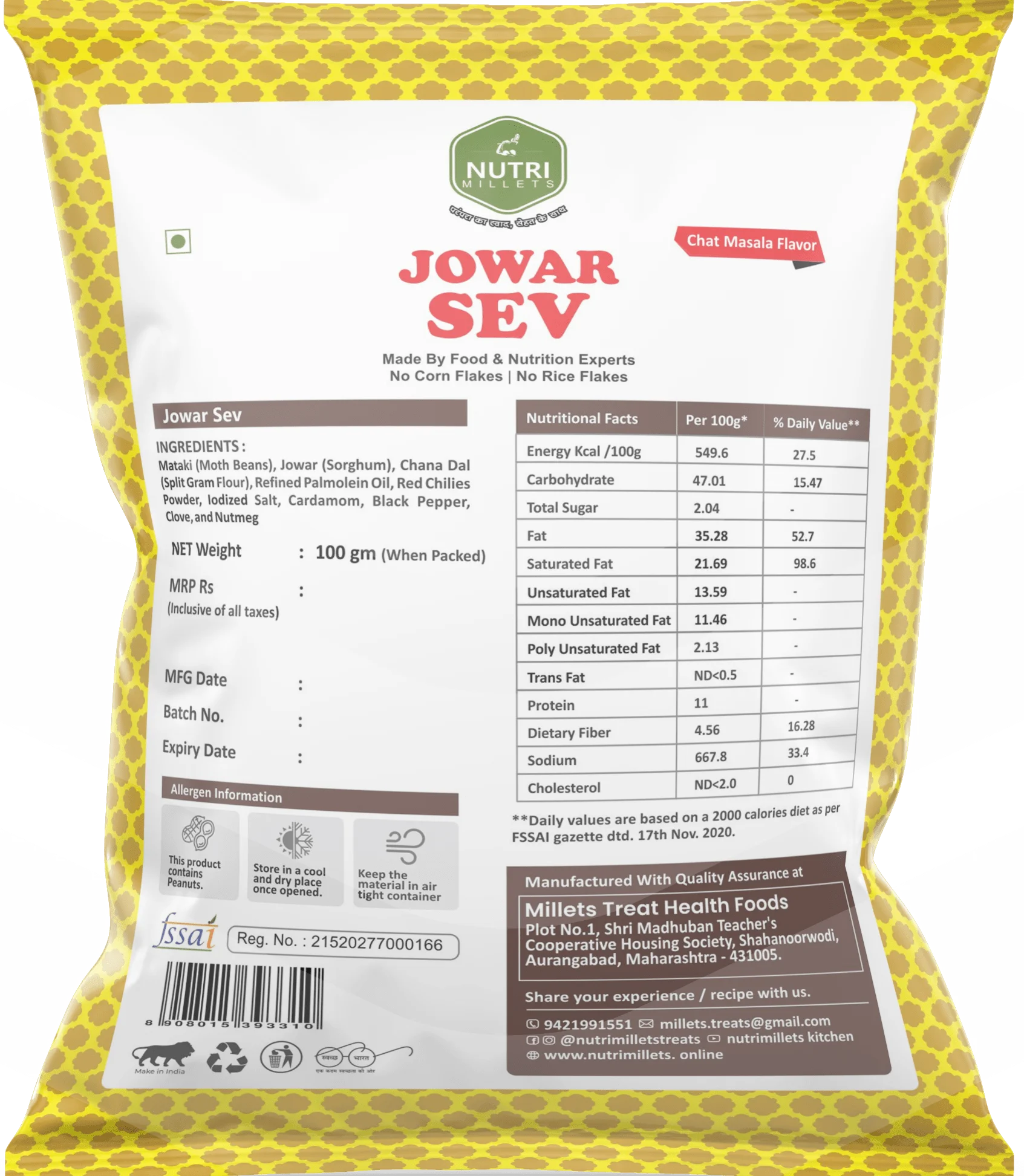 Nutrimillets Namkeen – Jowar Sev – Chat Masala Flavor (100 grams)