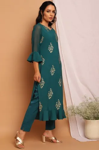 Janasya Women'S Teal Green Poly Crepe Kurta(JNE3741)