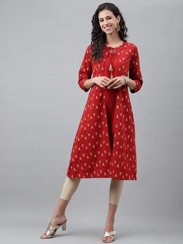 Janasya Women's Red Crepe Ikat Printed Jacket Style Kurta