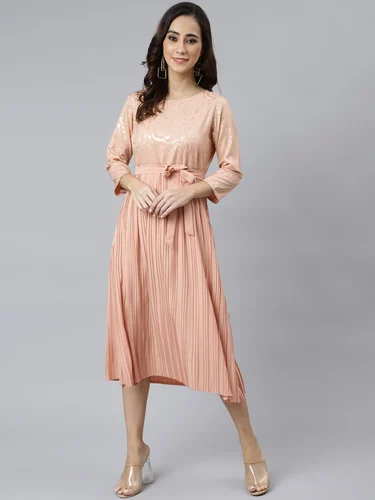 Janasya Women's Peach Poly Crepe Botanical Print Flared Kurta