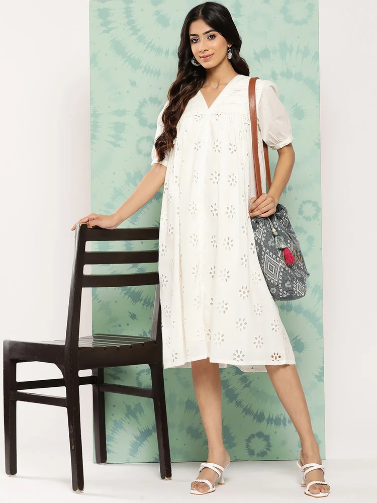 Janasya Women's White Cotton Schiffli Empire Dress