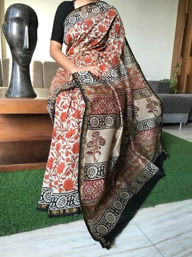 Printed Chanderi silk cotton pure kalamkari handblock print sarees, 6.3 m (with blouse piece), Hand Made