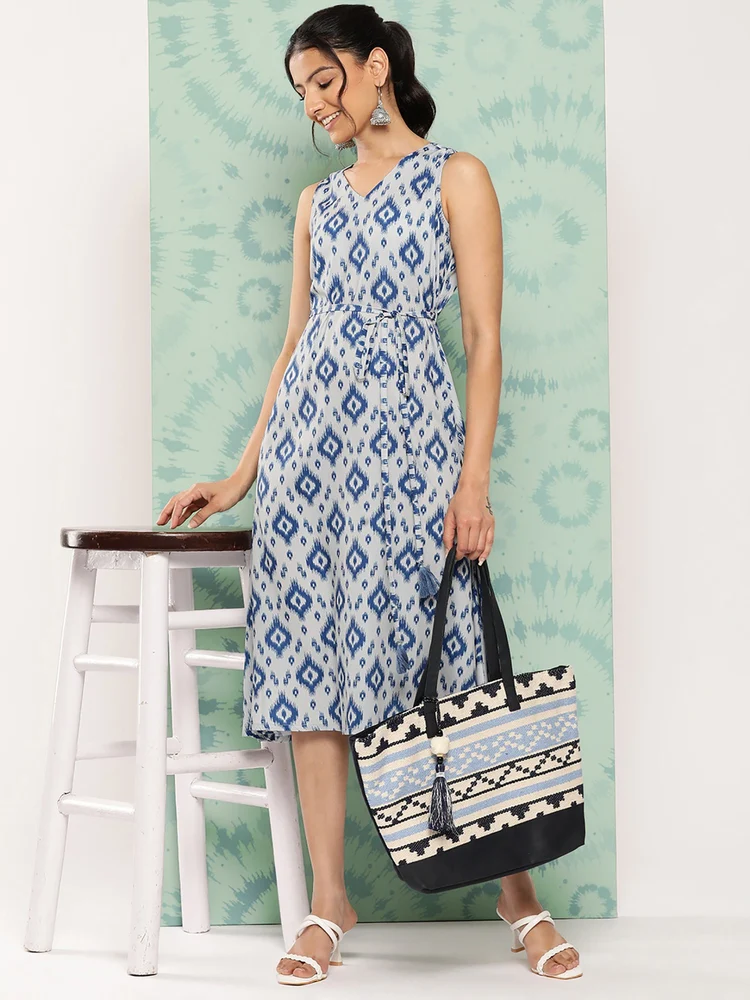 Janasya Women's Grey Crepe Ikat Printed A Line Dress