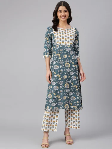 Janasya Women's Teal Cotton Floral Print Kurta with Palazzo