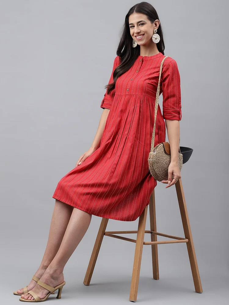 Janasya Women's Red Cotton Woven Design Flared Dress
