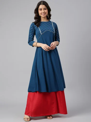 Janasya Women's Teal Poly Crepe Printed A-line Kurta