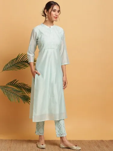 Janasya Women's Light Green Poly Chanderi Kurta With Pant(J0279)