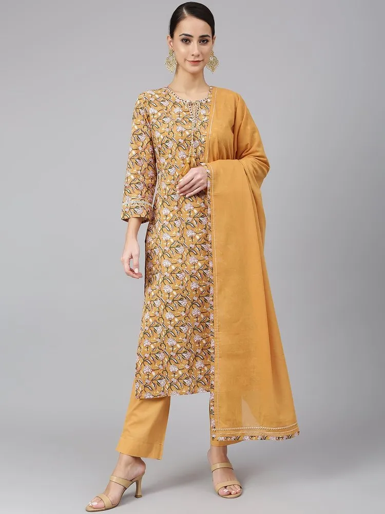 Janasya Women's Light Brown Cotton Floral Print Kurta with Pant and Dupatta