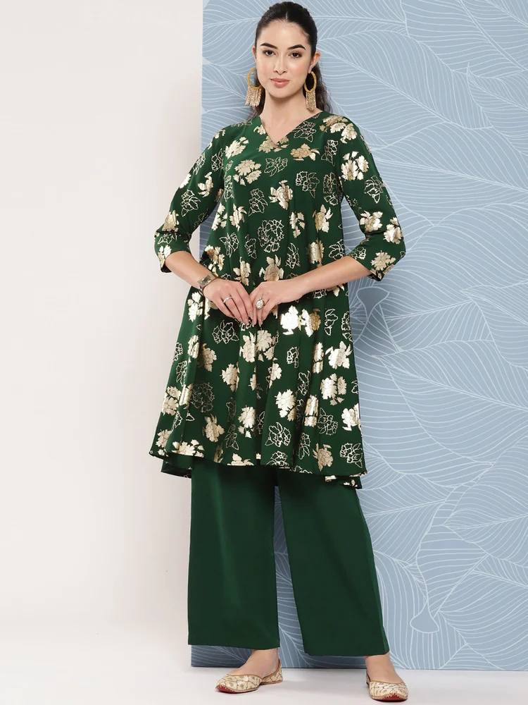 Janasya Women's Bottle Green Crepe Foil Printed Short Kurta with Palazzo