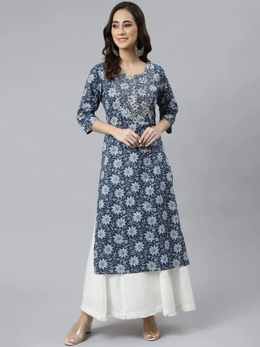 Janasya Women's Navy Blue Cotton Floral Block Print Straight Kurta